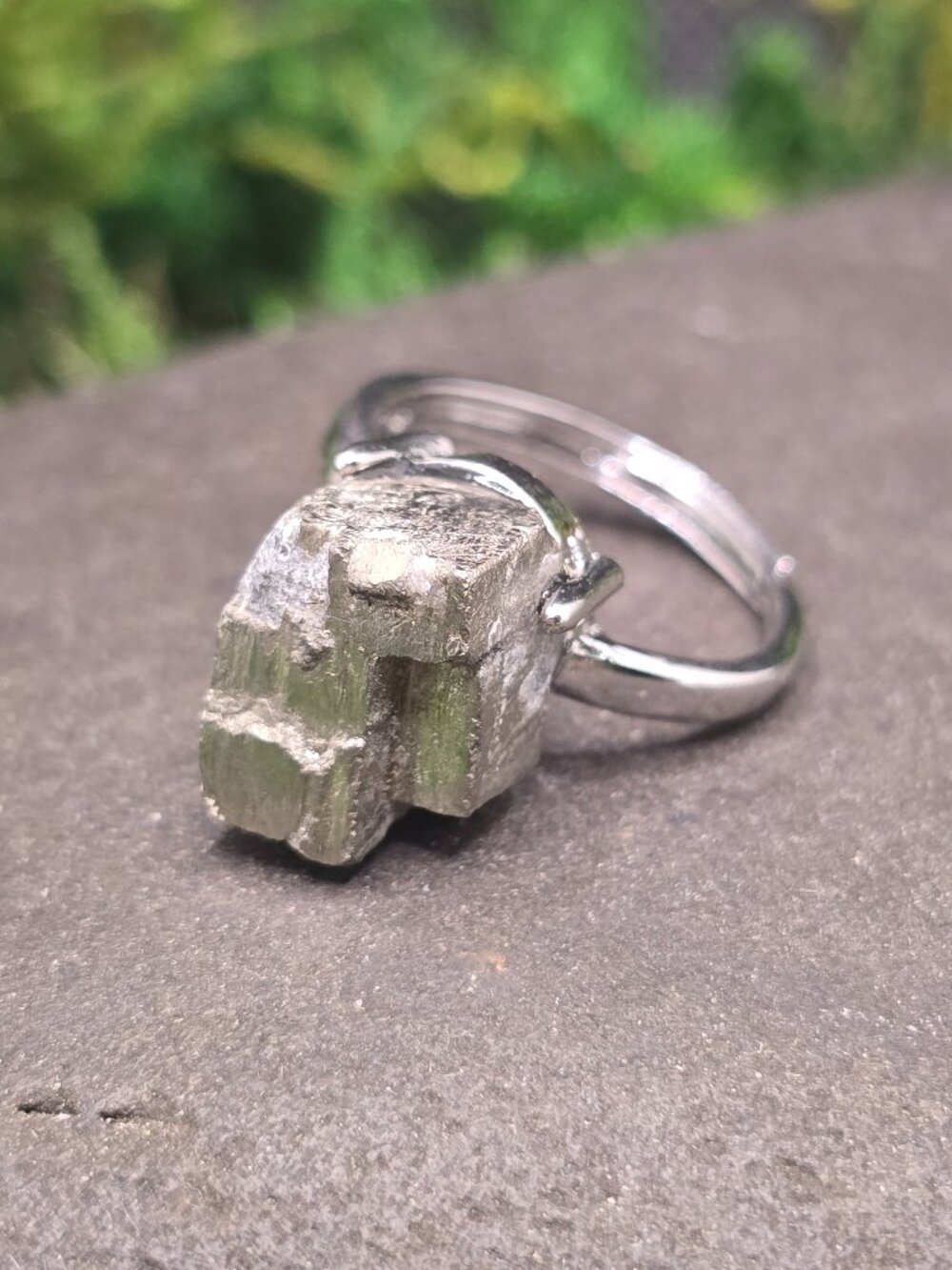 Raw Pyrite Adjustable Ring Size 6-10 Fools Gold Silver Tone Jewelry